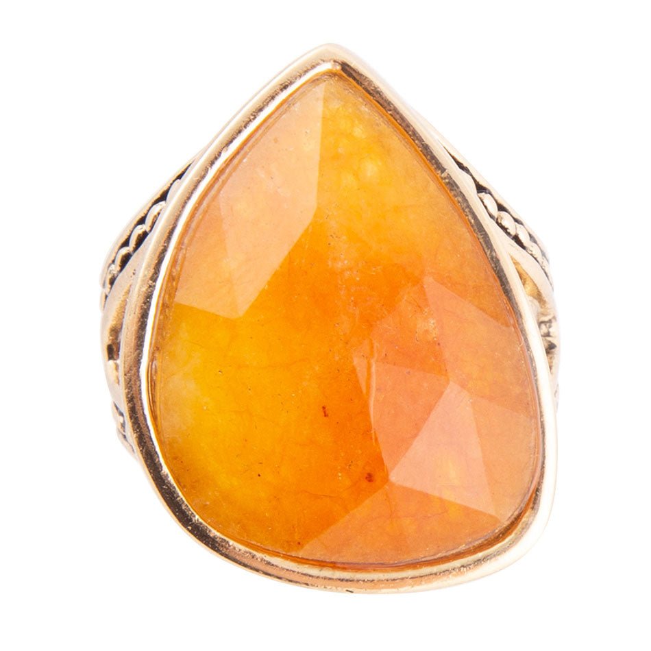 Sky Faceted Orange Quartz and Golden Bronze Statement Ring