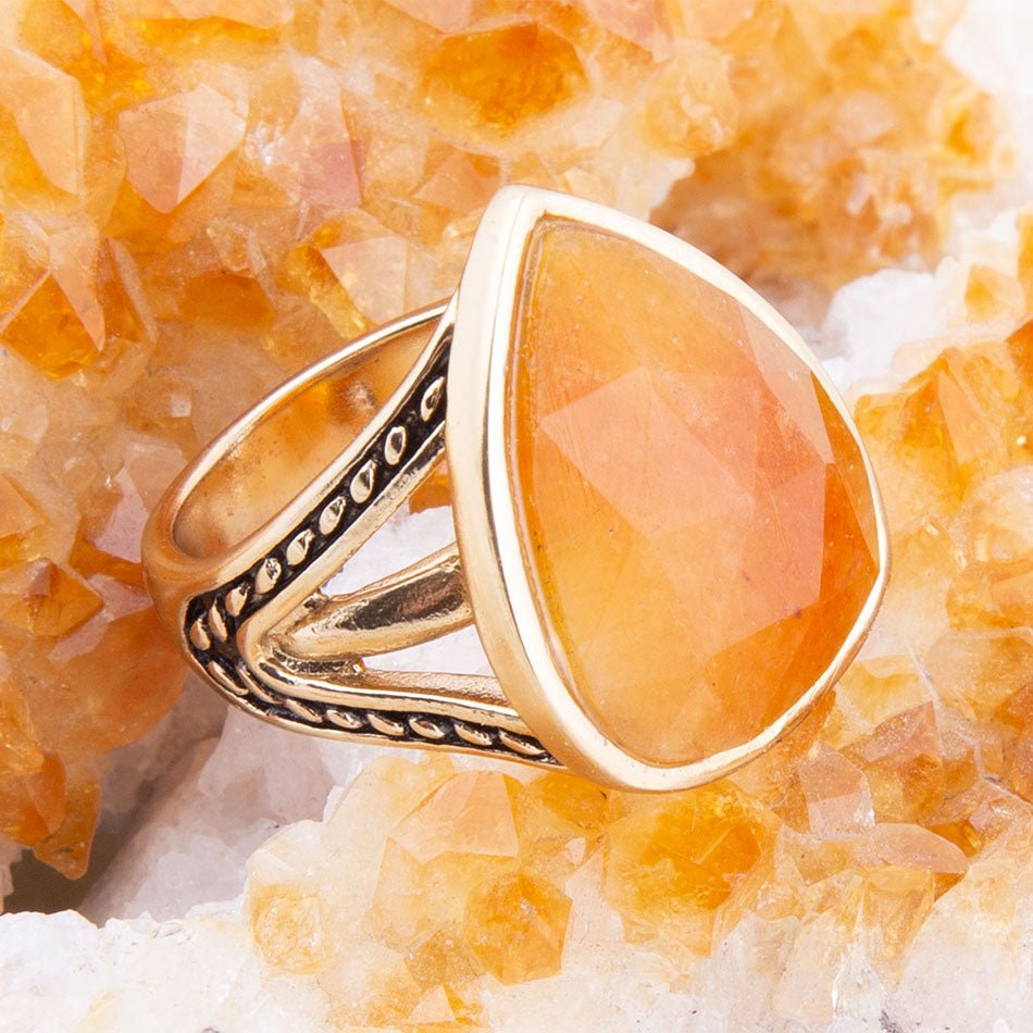 Sky Faceted Orange Quartz and Golden Bronze Statement Ring