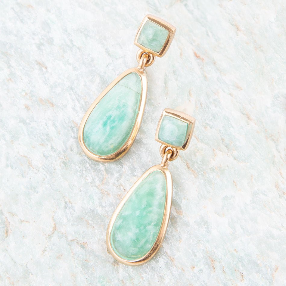 Smooth Green Amazonite and Golden Bronze Teardrop Earrings