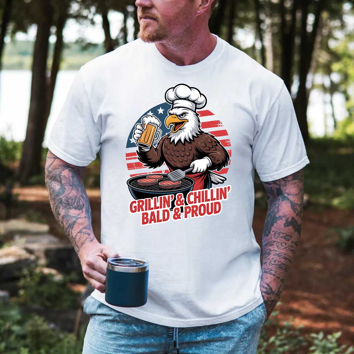 Patriotic Bald Eagle BBQ Vintage T-Shirt Grillin’ & Chillin’ Bald & Proud