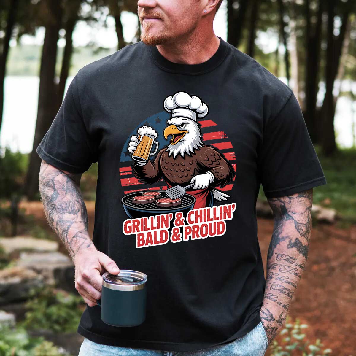 Patriotic Bald Eagle BBQ Vintage T-Shirt Grillin’ & Chillin’ Bald & Proud