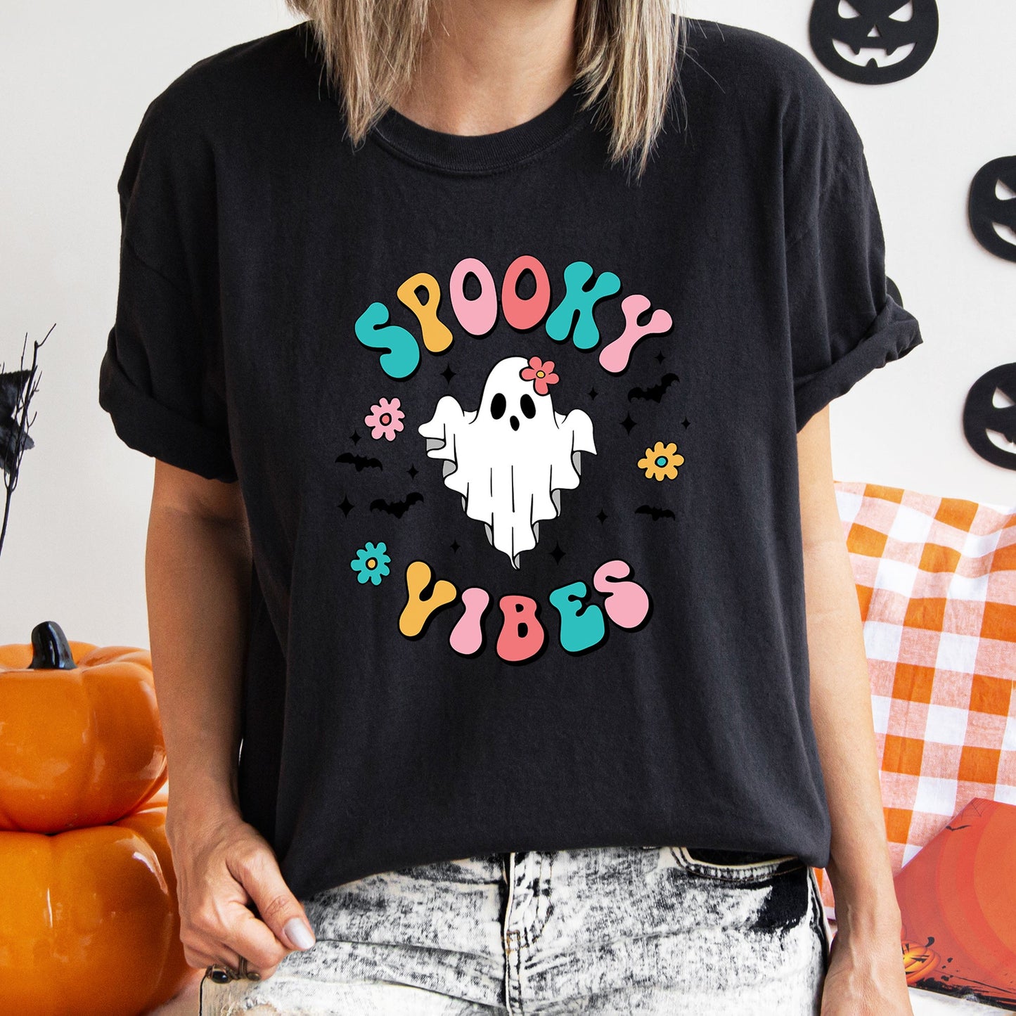 Spooky Vibes Ghost Retro Halloween Comfort Colors Tshirt