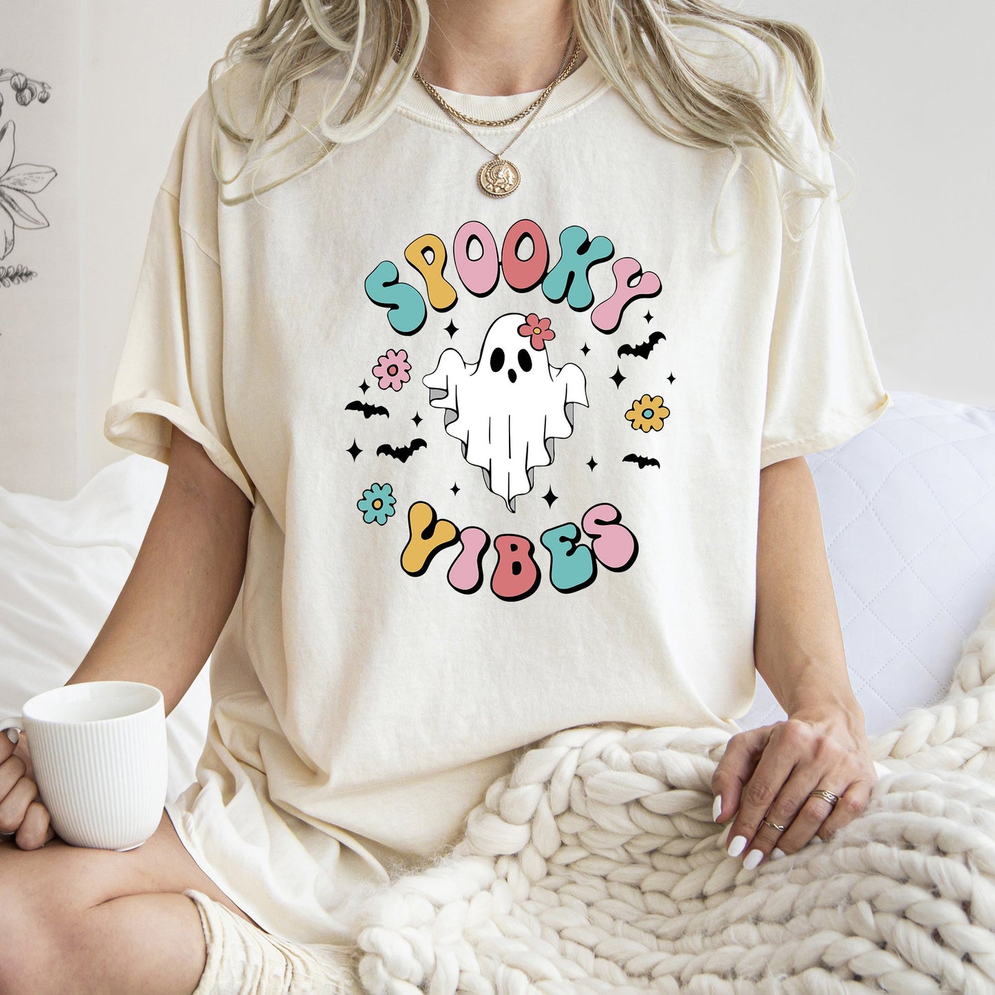 Spooky Vibes Ghost Retro Halloween Comfort Colors Tshirt