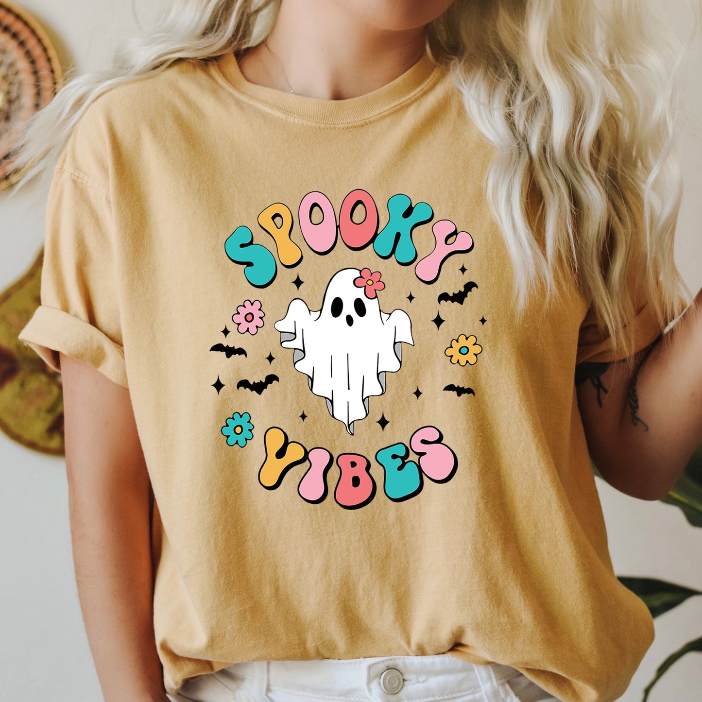 Spooky Vibes Ghost Retro Halloween Comfort Colors Tshirt