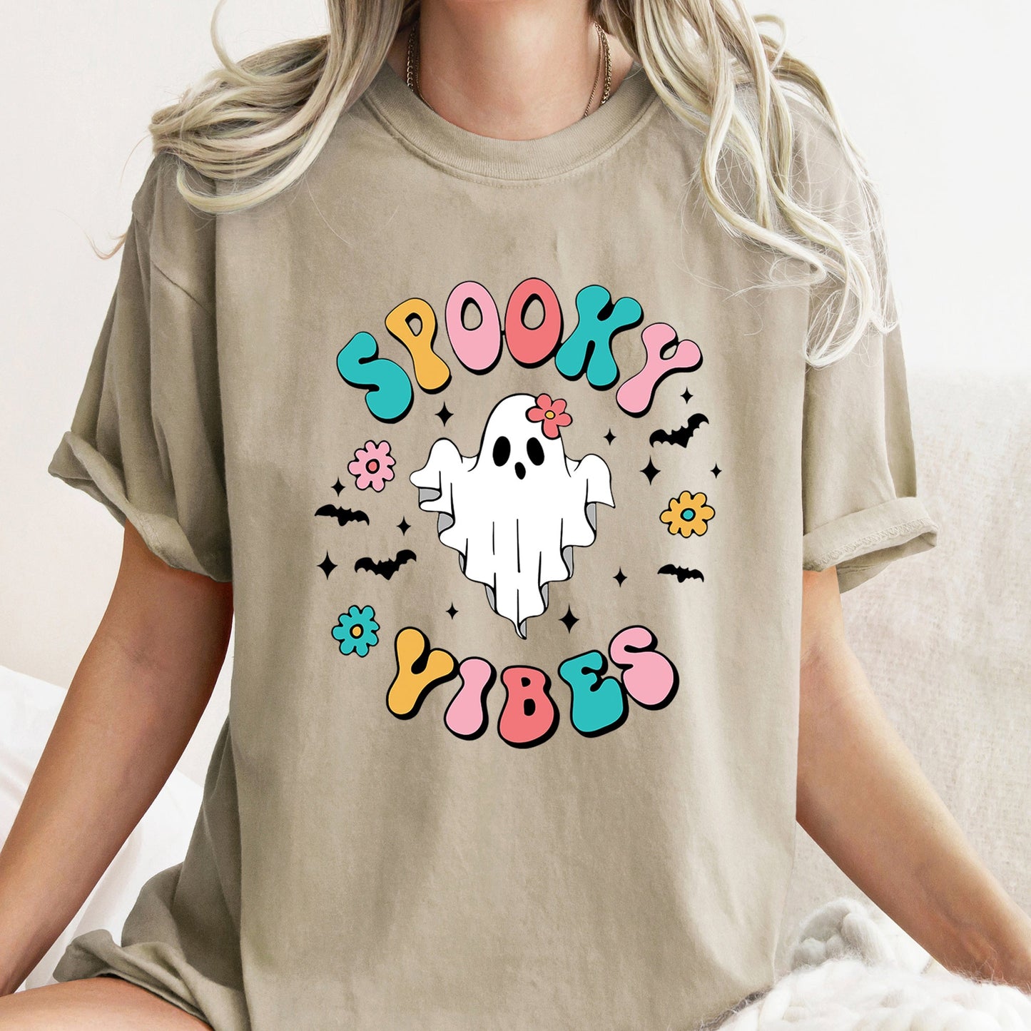Spooky Vibes Ghost Retro Halloween Comfort Colors Tshirt