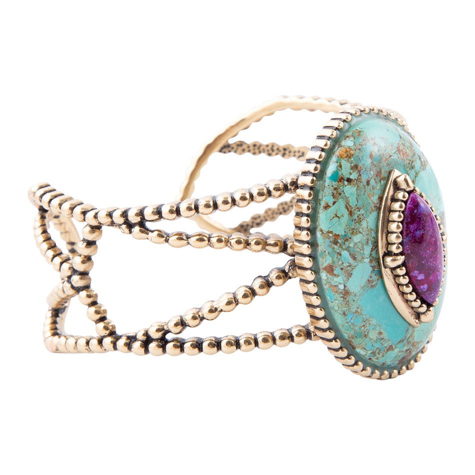 Stacked Blue and Purple Turquoise Golden Cuff Bracelet