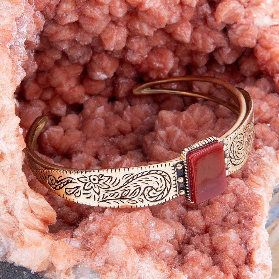 Stamped Orange Carnelian Golden Cuff Bracelet