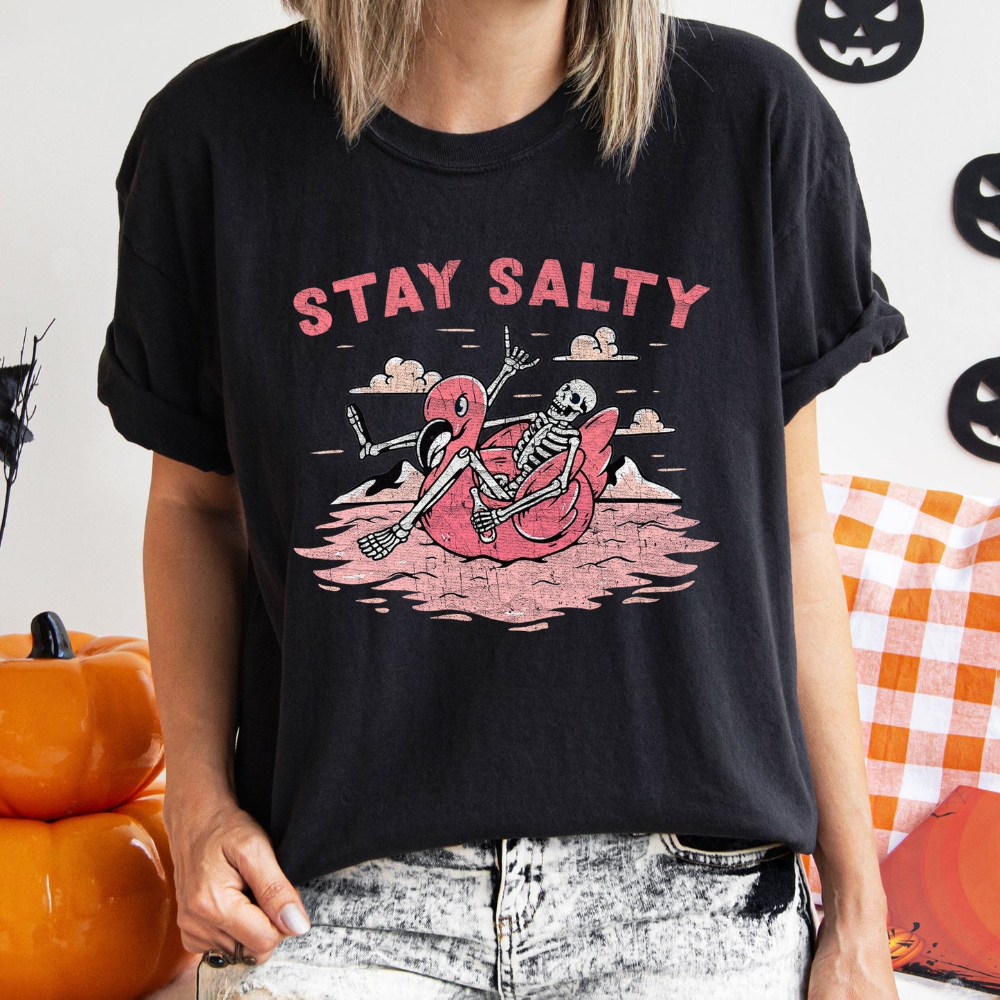 Stay Salty Skeleton Retro Halloween Comfort Colors Tshirt