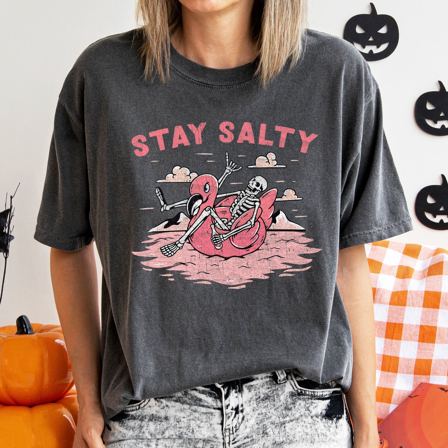 Stay Salty Skeleton Retro Halloween Comfort Colors Tshirt