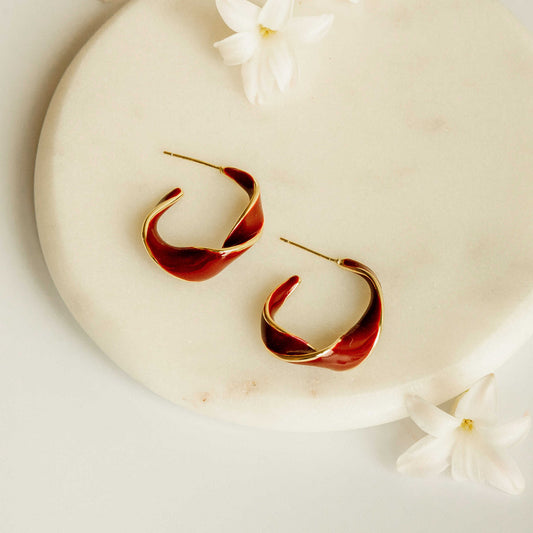 Twisted Deep Red Burgundy Gold Lightweight Hoop Earrings Stella Earrings