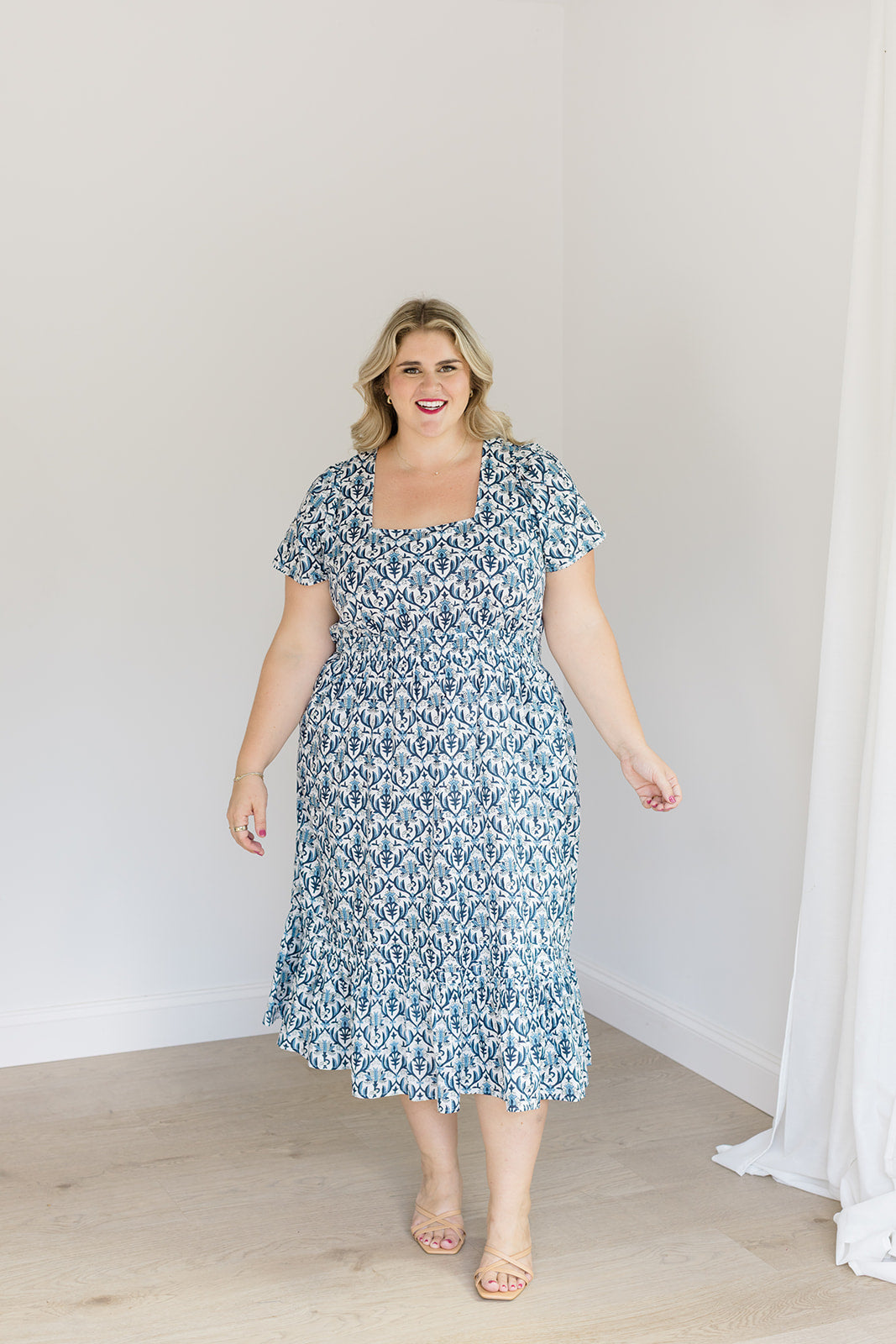 Navy Trellis Fit-and-Flare Midi Dress The Allison Dress Carla Kiley Collection