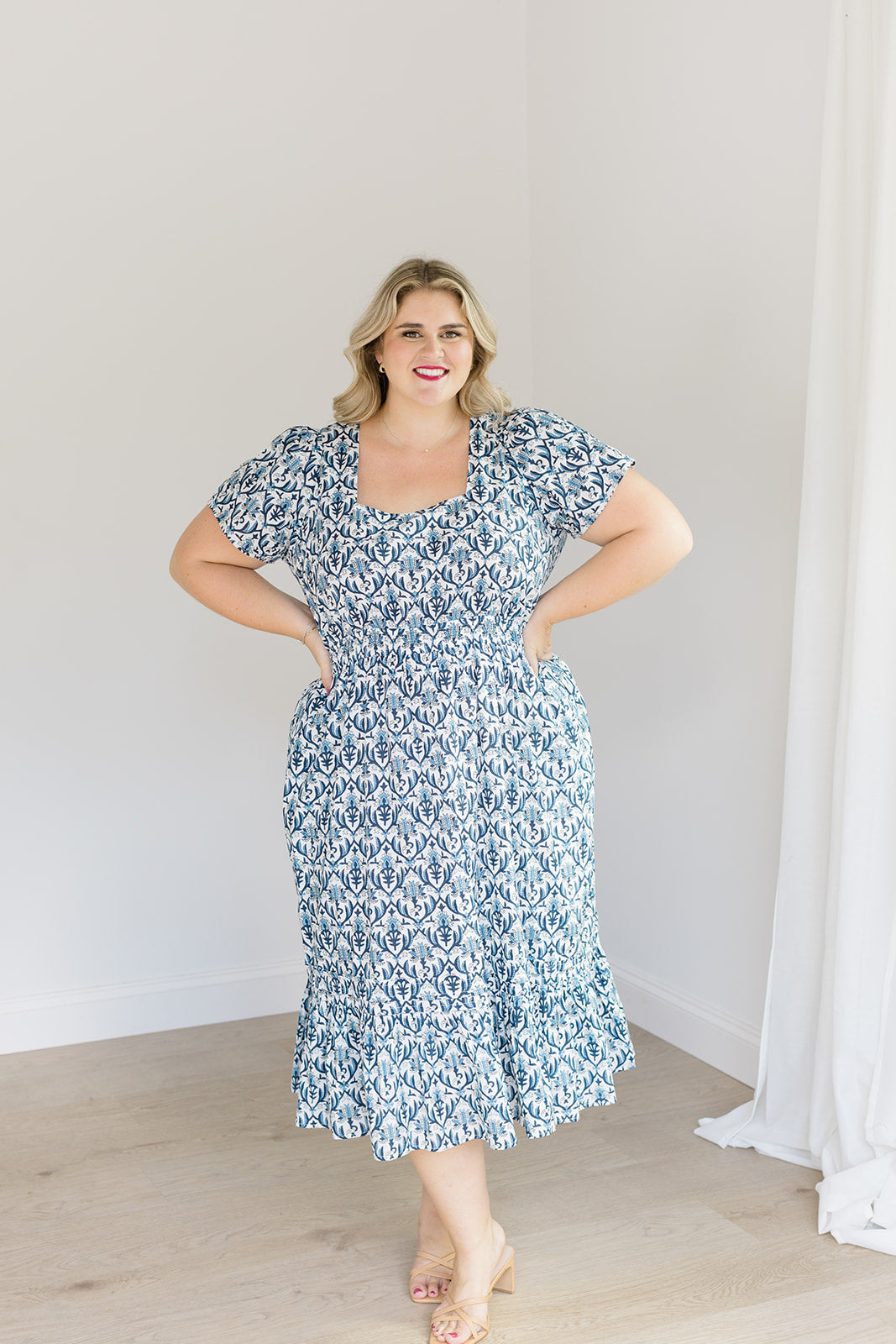 Navy Trellis Fit-and-Flare Midi Dress The Allison Dress Carla Kiley Collection