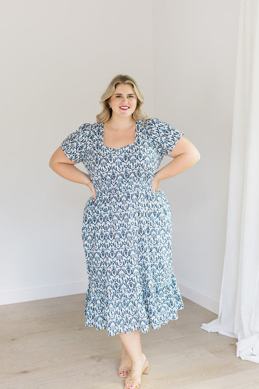 Navy Trellis Fit-and-Flare Midi Dress The Allison Dress Carla Kiley Collection