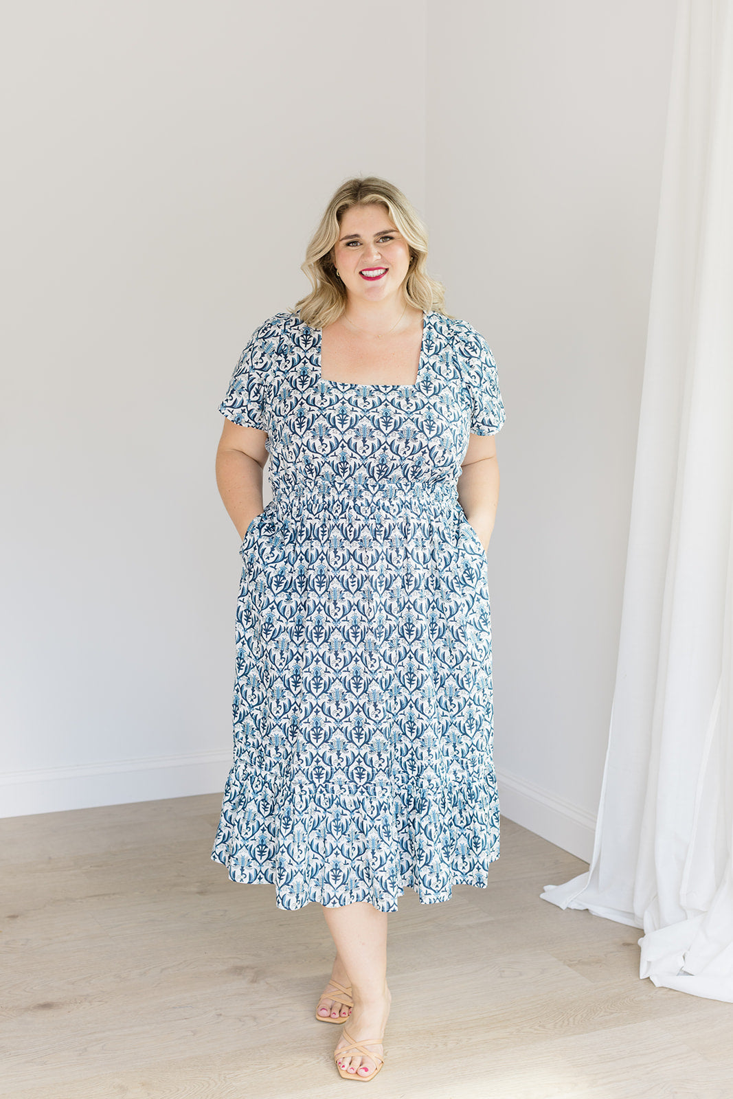 Navy Trellis Fit-and-Flare Midi Dress The Allison Dress Carla Kiley Collection