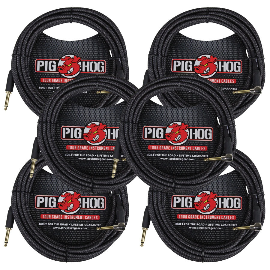 Pig Hog Black Woven ¼” to ¼” Right Angle Instrument Cable 20ft 6 Pack