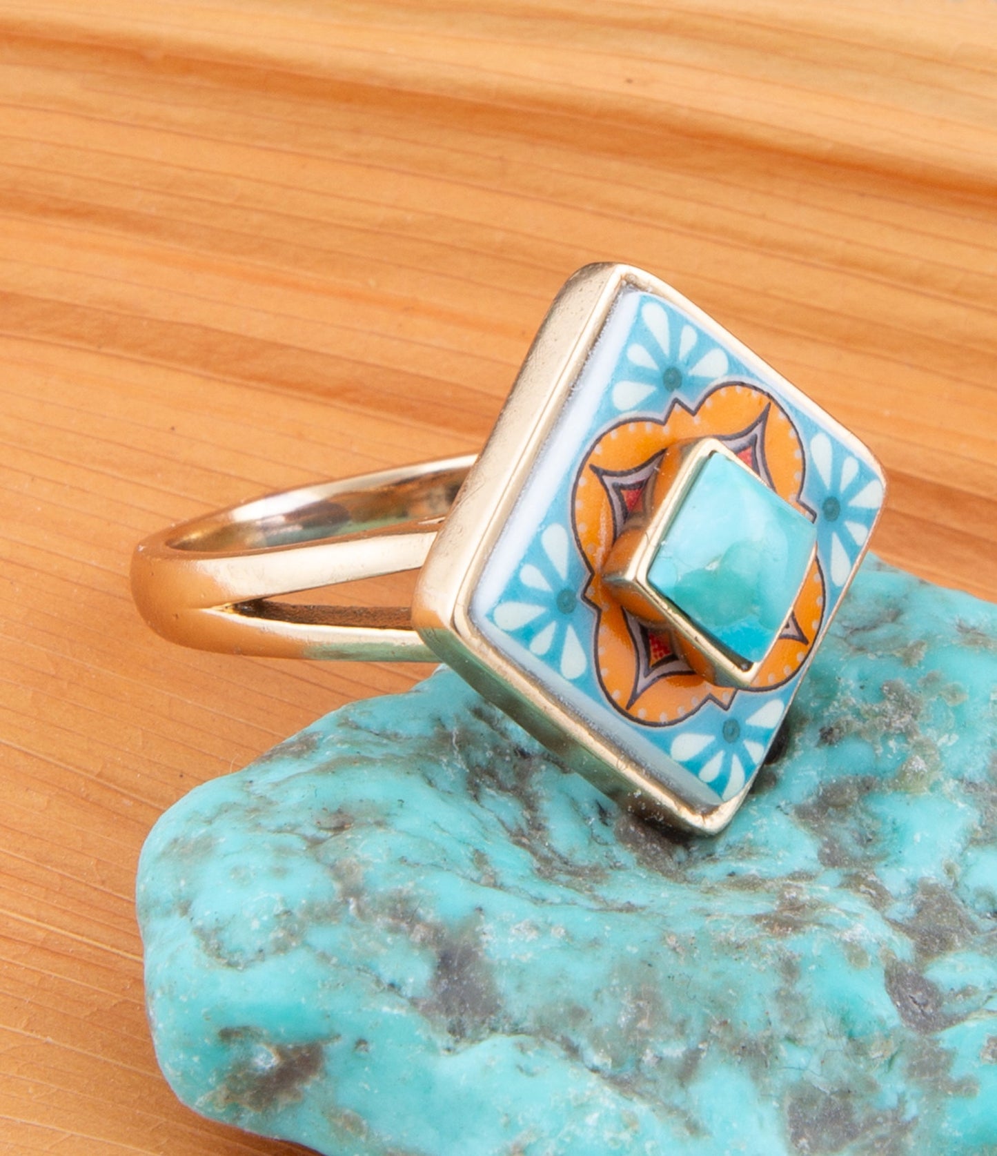 Talavera Tile Blue Turquoise Golden Ring