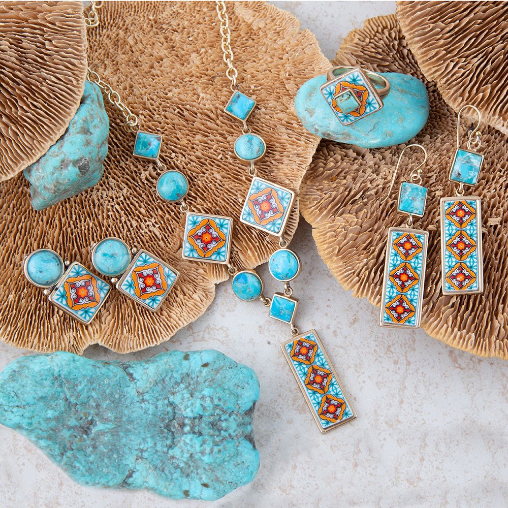 Talavera Tile and Blue Turquoise Golden Y-Neck Necklace