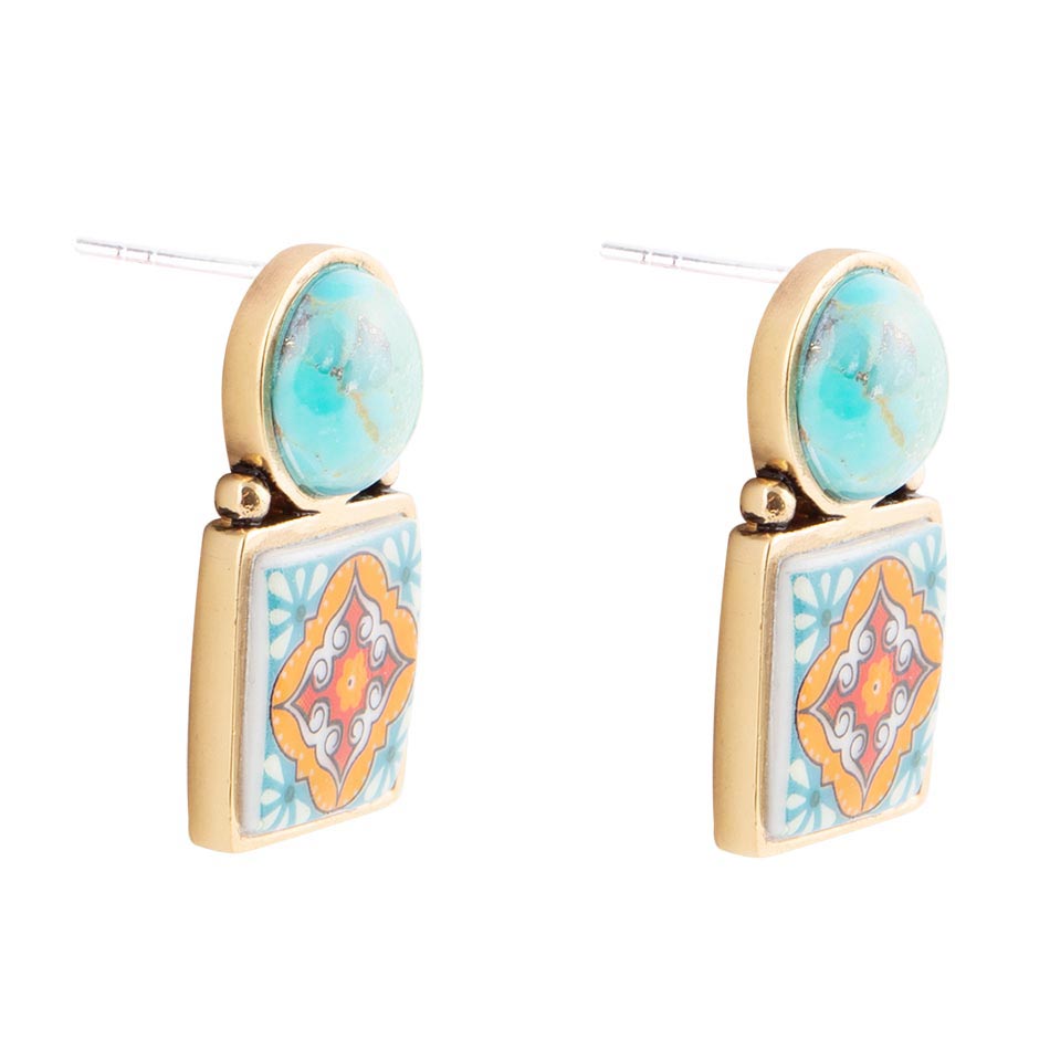 Talavera Tile Blue Turquoise Golden Drop Earrings