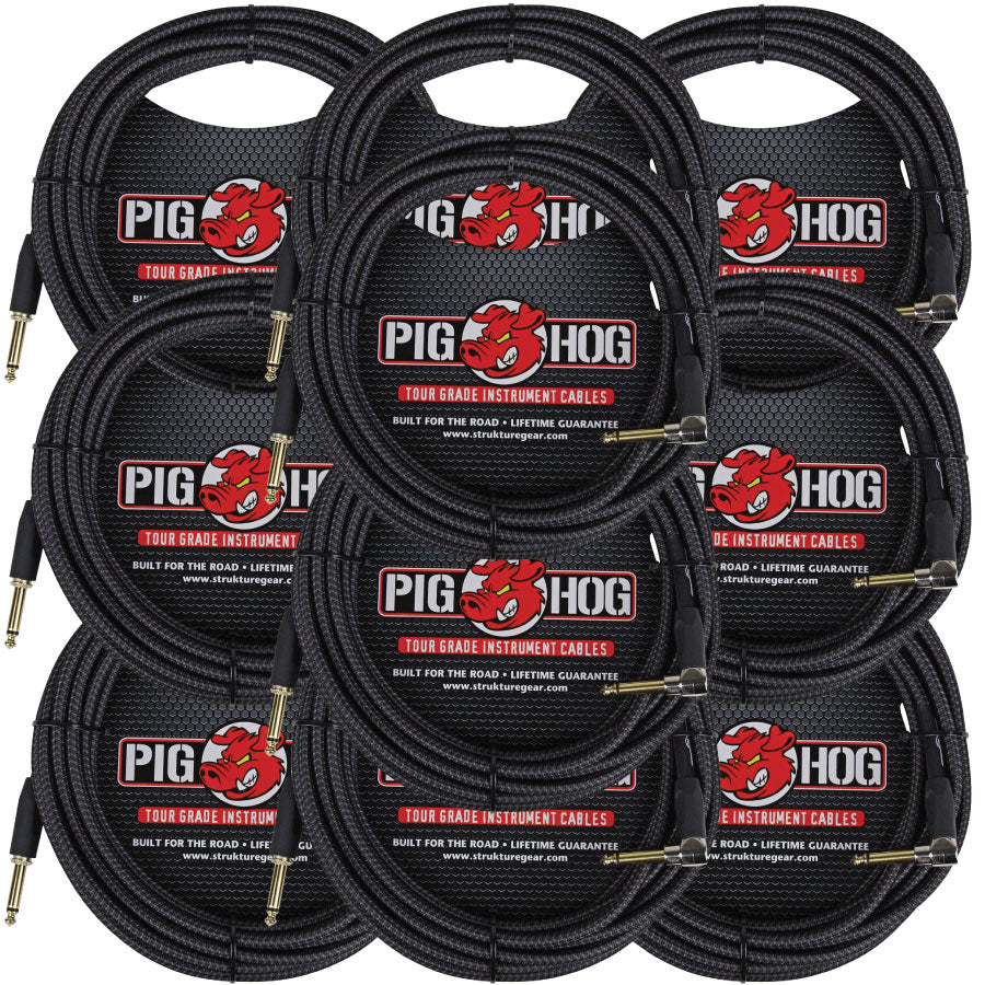 Black Woven ¼” to ¼” Right Angle Instrument Cable 20ft Pig Hog