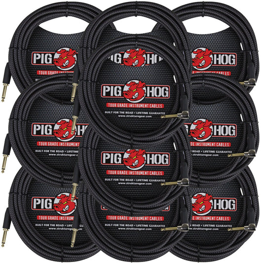 Black Woven ¼” to ¼” Right Angle Instrument Cable 20ft Pig Hog