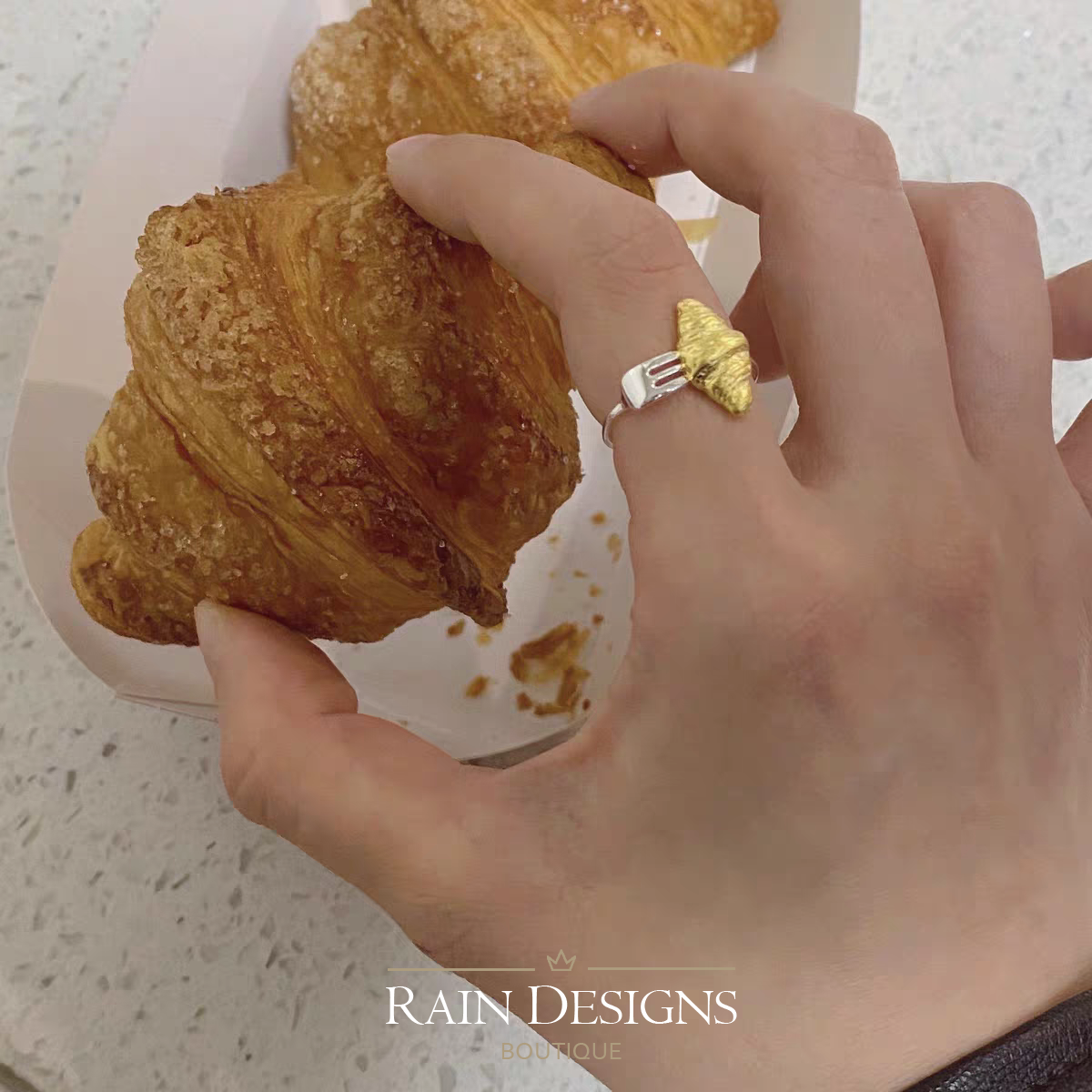 Croissant 18K Gold Plated 925 Sterling Silver Ring and Necklace