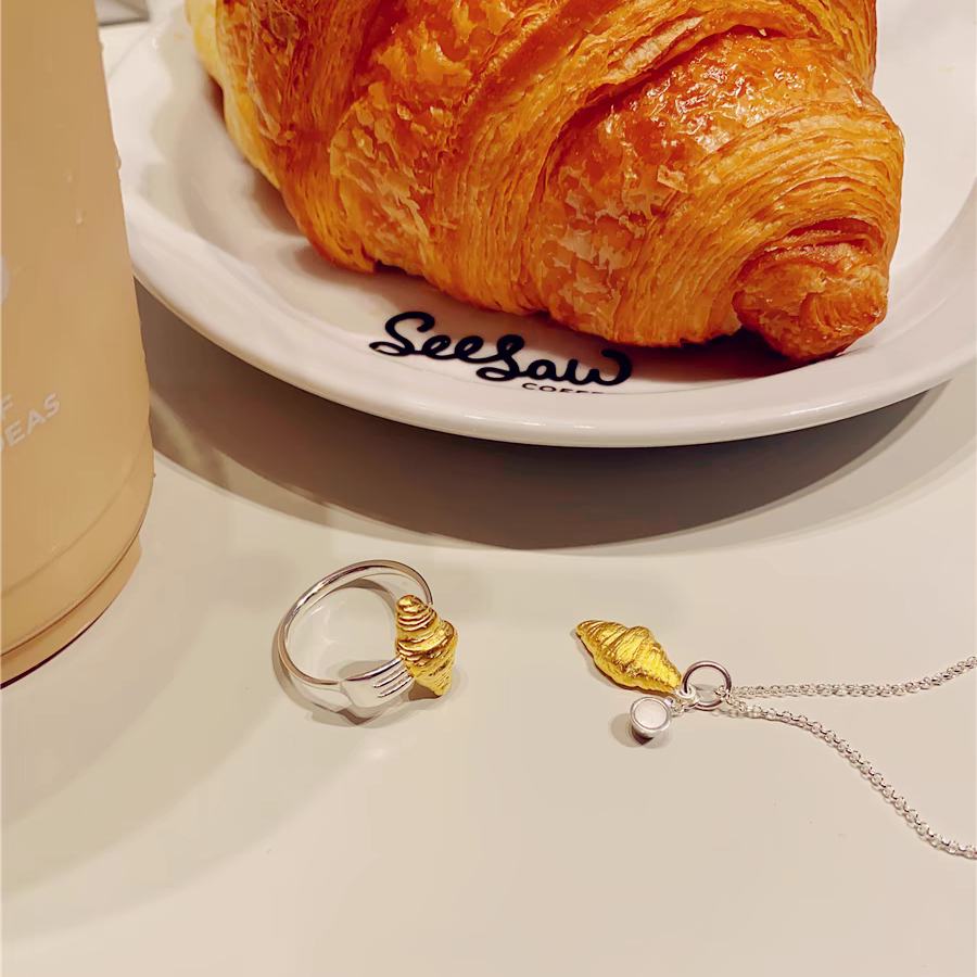 Croissant 18K Gold Plated 925 Sterling Silver Ring and Necklace