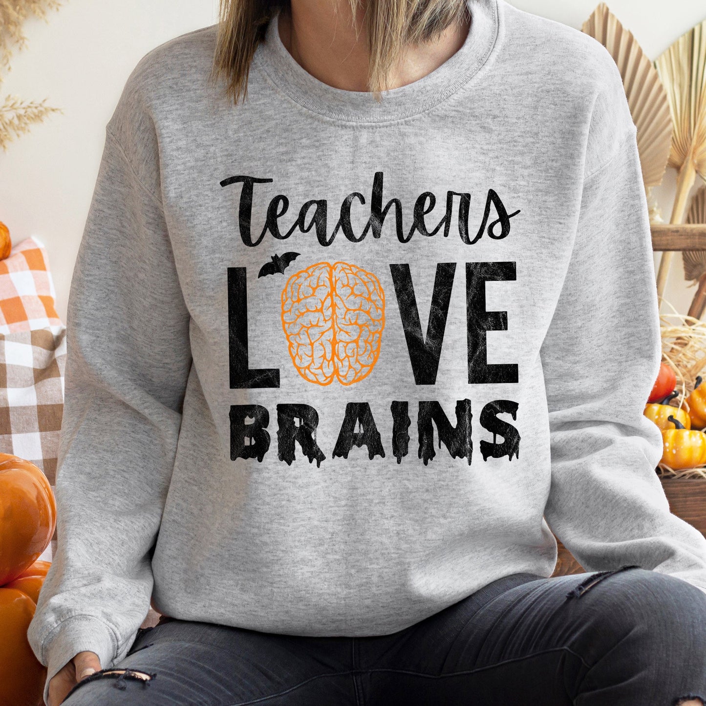 Teachers Love Brains Vintage Halloween Sweatshirt