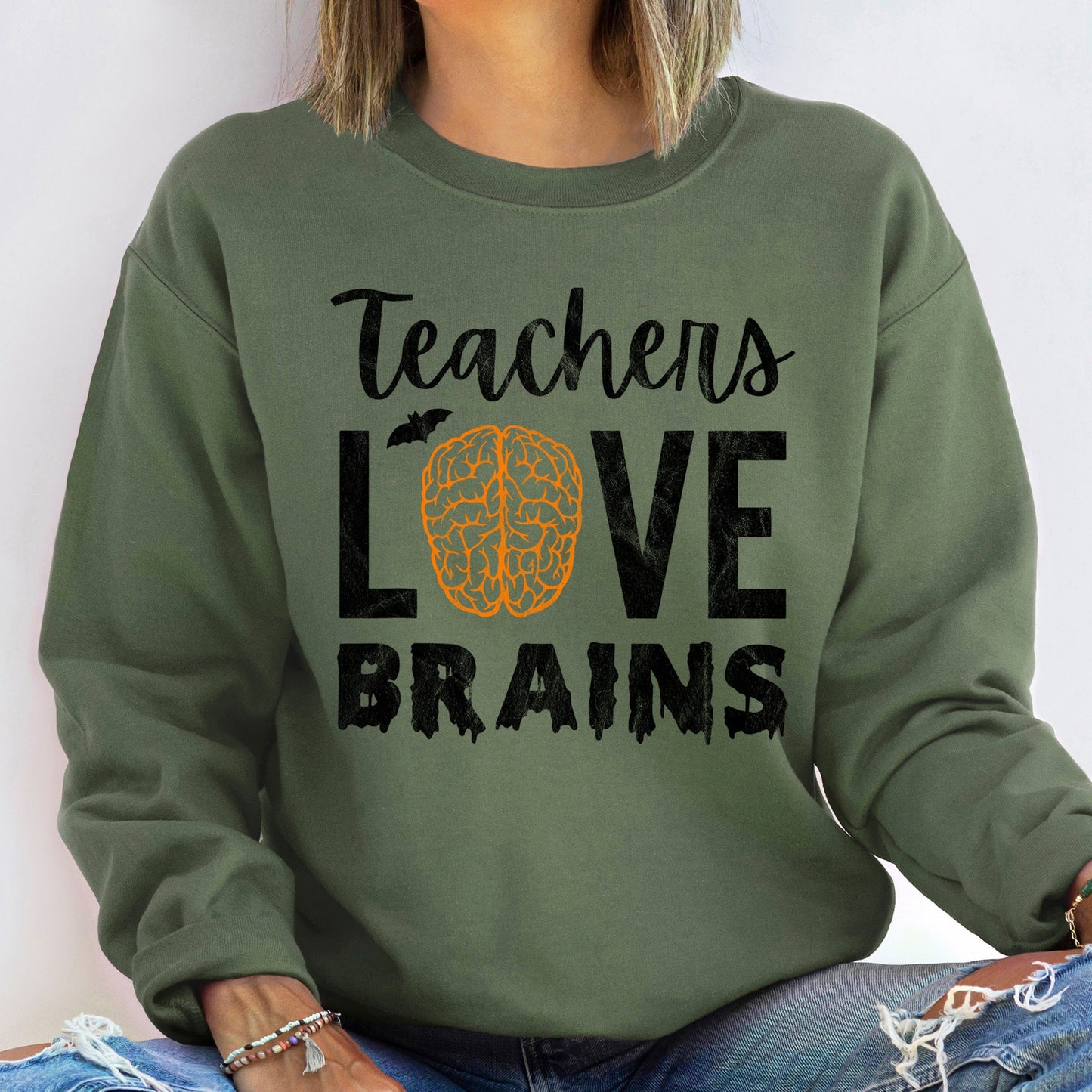 Teachers Love Brains Vintage Halloween Sweatshirt
