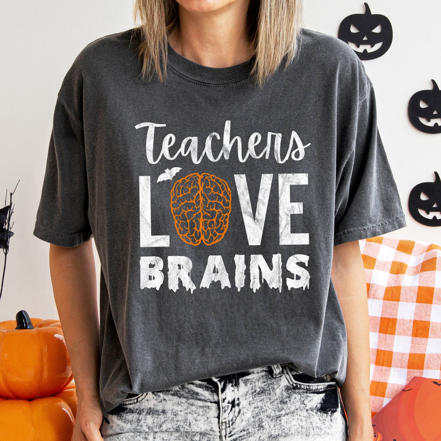 Teachers Love Brains Retro Halloween Comfort Colors Tshirt