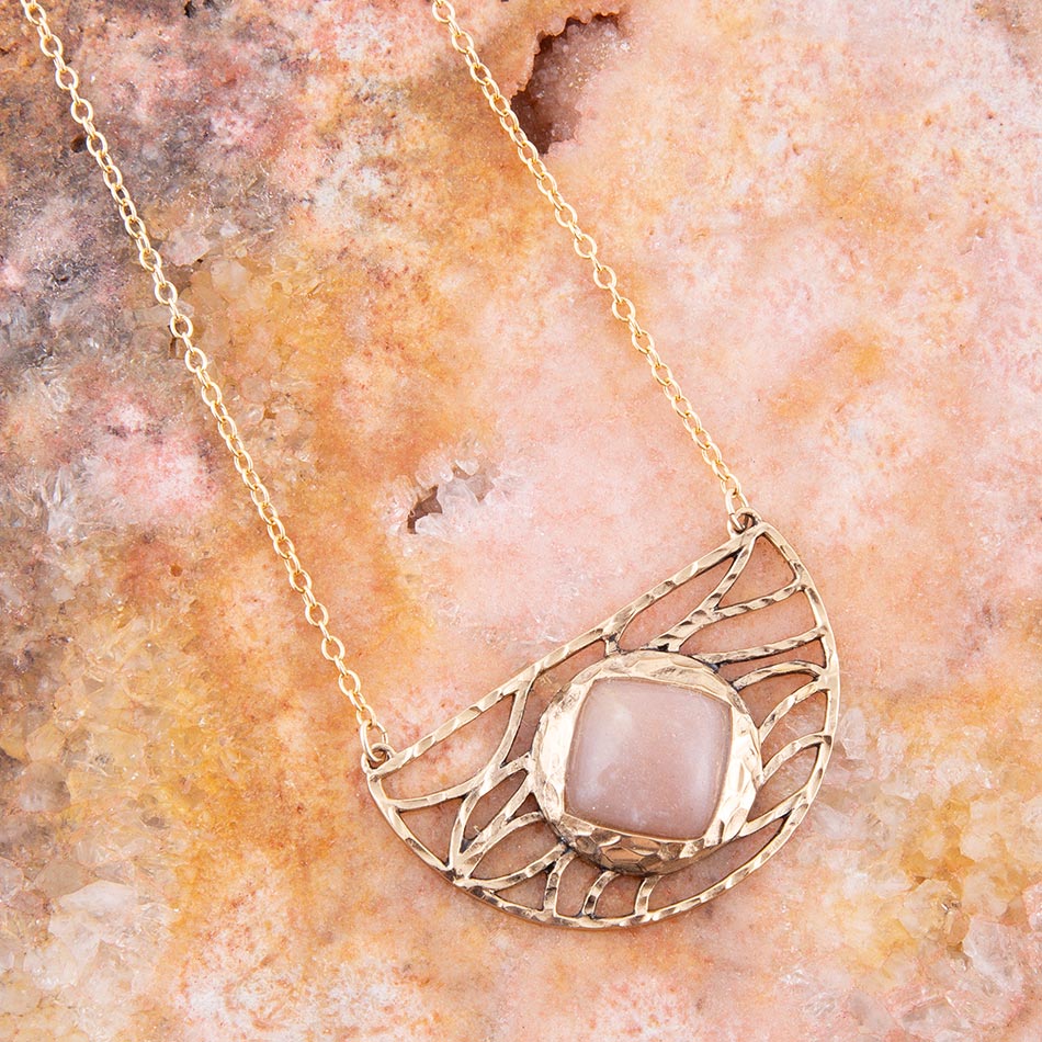 Terra Pink Peach Moonstone and Golden Bronze Necklace