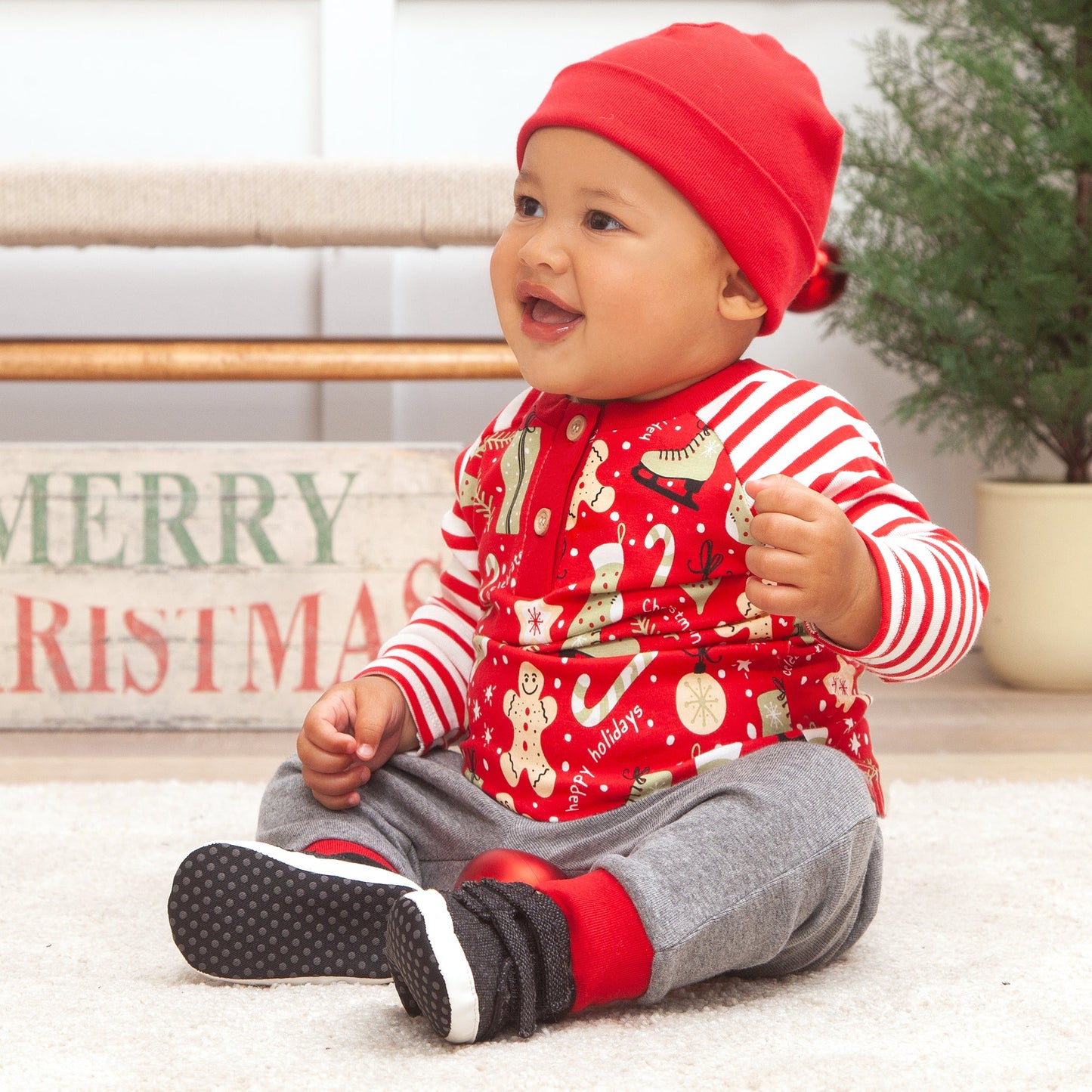 Christmas Collage Red Stripe Sleeve Boys Set Bamboo Cotton Tesa Babe
