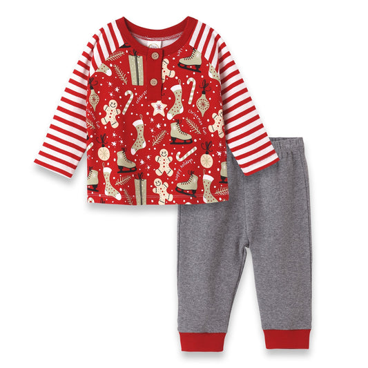 Christmas Collage Red Stripe Sleeve Boys Set Bamboo Cotton Tesa Babe