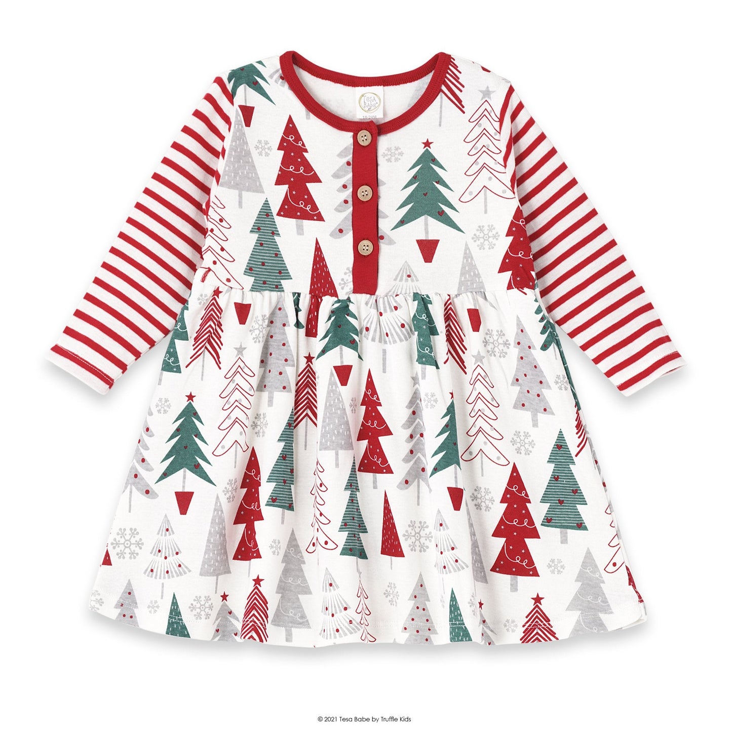 Baby Girl Christmas Tree Dress Red Stripe Sleeves Henley Dress Tesa Babe