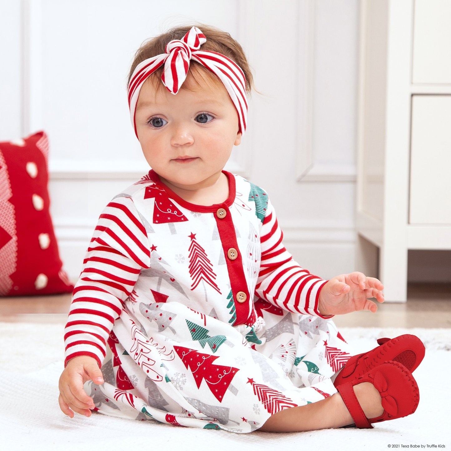 Baby Girl Christmas Tree Dress Red Stripe Sleeves Henley Dress Tesa Babe