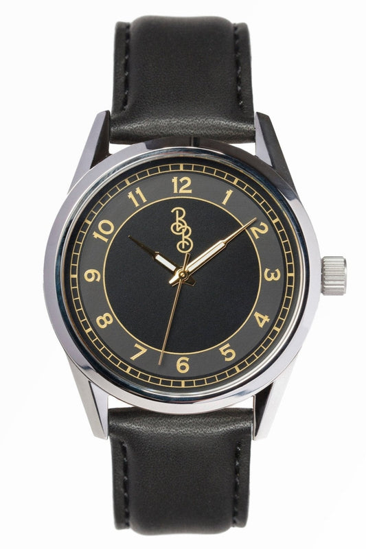 Black and Gold Classic Watch Stainless Steel or Leather Strap
