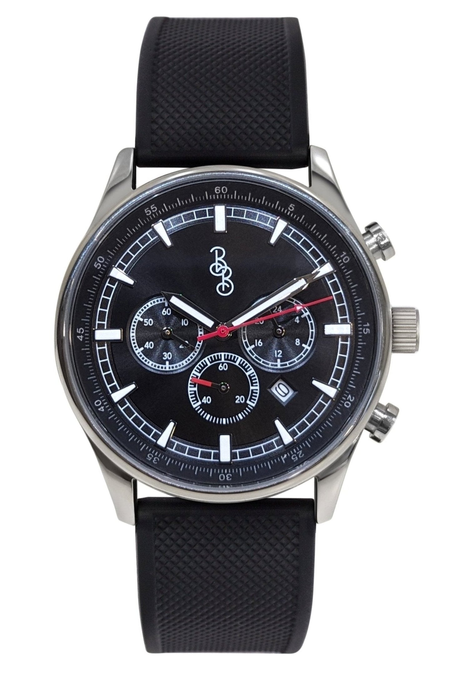 Black Sport Chronograph Black Silicone Strap Watch The Beyond Boring Watch Company