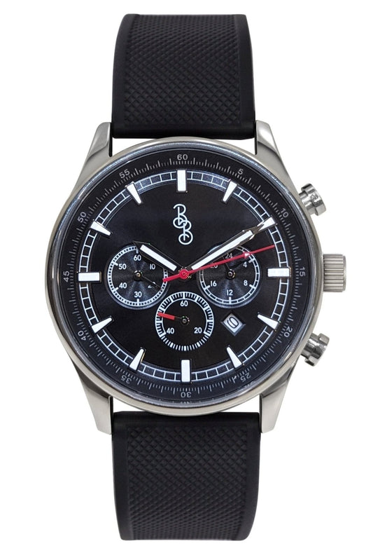 Black Sport Chronograph Black Silicone Strap Watch The Beyond Boring Watch Company