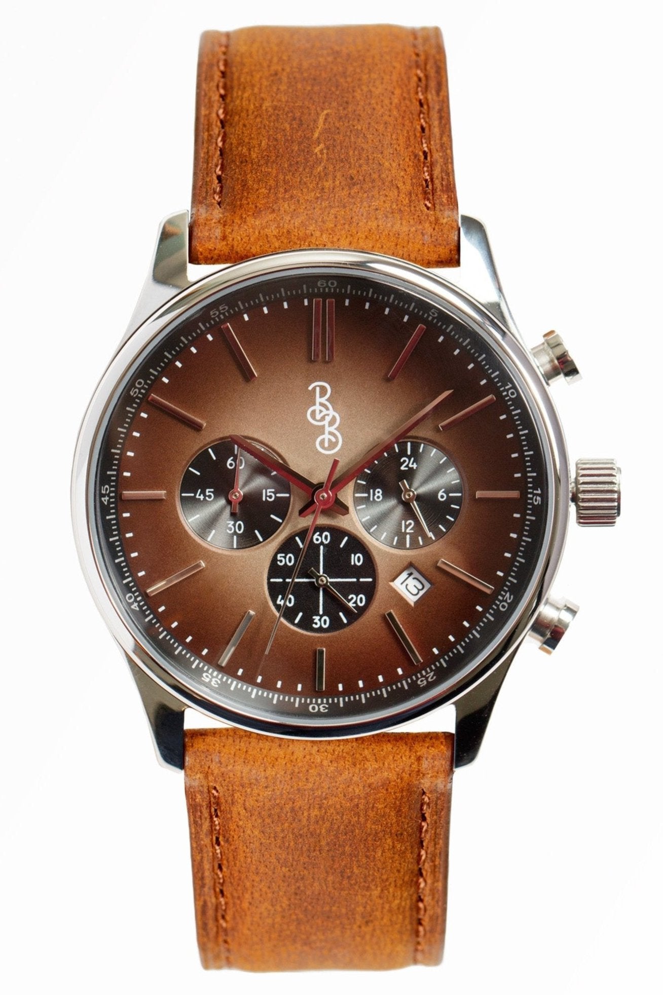Brown Retro Chronograph Watch with Leather or Stainless Steel Strap