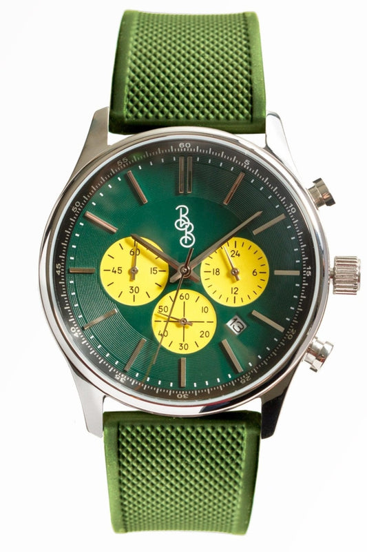 Green and Yellow Chronograph 41mm Stainless Steel Watch The Beyond Boring Watch Company