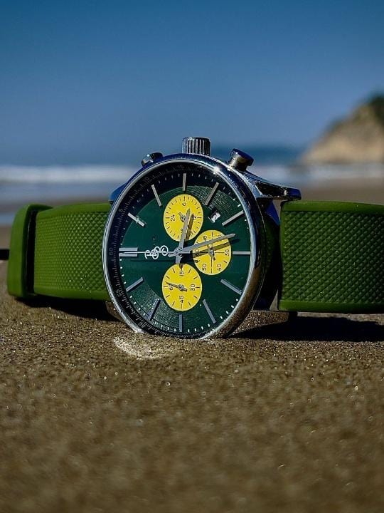 Green and Yellow Chronograph 41mm Stainless Steel Watch The Beyond Boring Watch Company