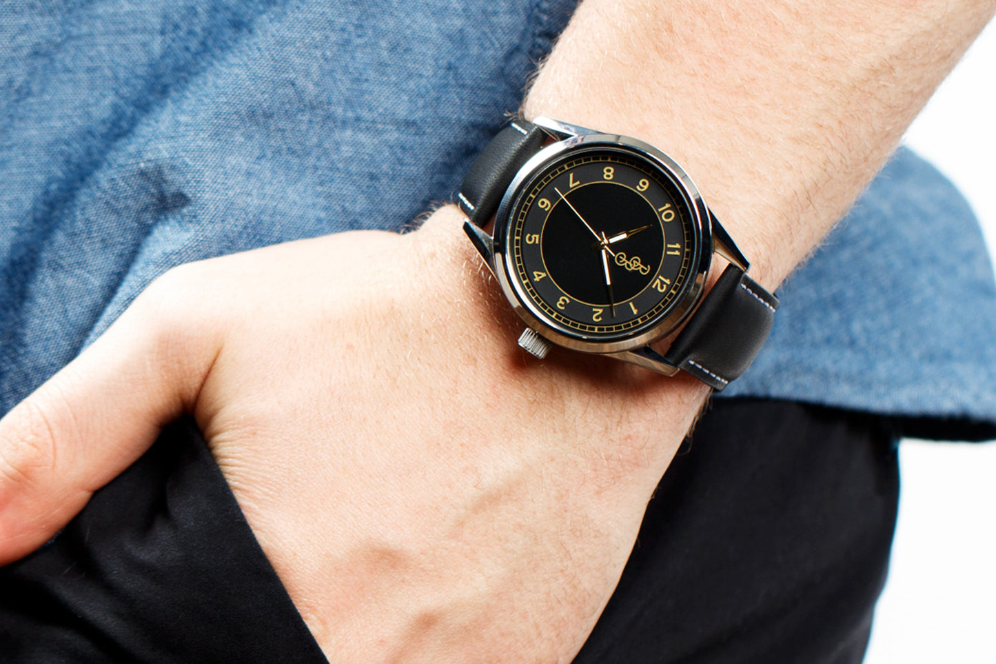 Black and Gold Classic Watch Stainless Steel or Leather Strap