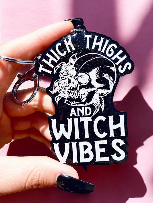 Thick Thighs Witch Vibes Halloween Keychain High-Quality Glitter Acrylic