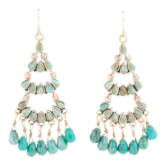 Triple the Blue Turquoise Golden Chandelier Earrings
