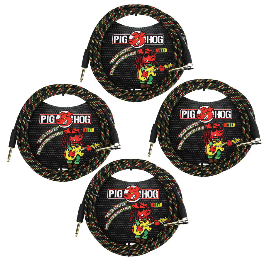 1/4" Straight to 1/4" Right-Angle Rasta Instrument Cable 10FT 4-Pack Pig Hog PCH10RAR