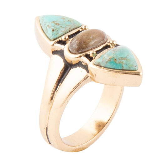 Tri-Stone Blue Turquoise and Grey Labradorite Golden Ring