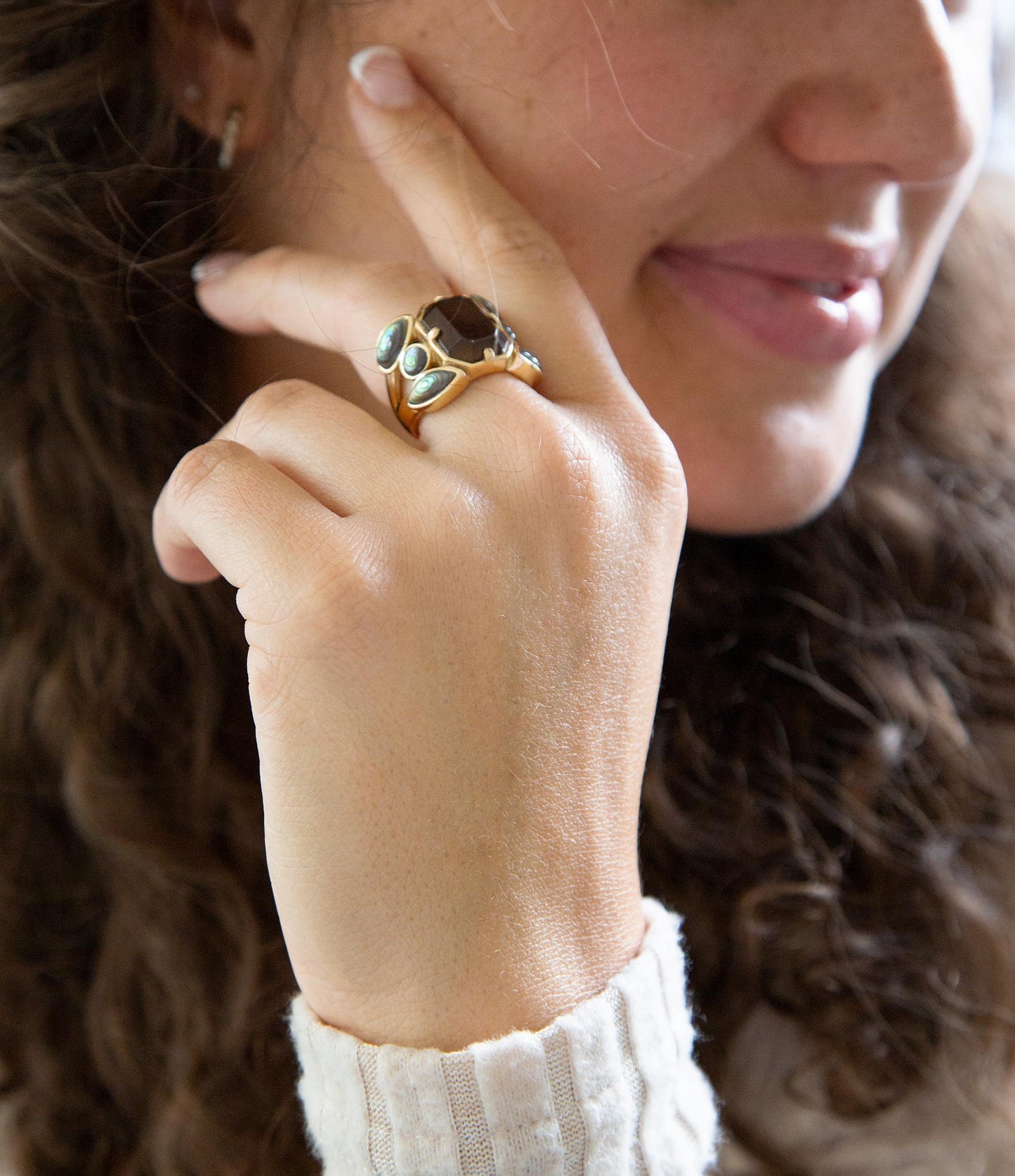 Tribecca Smoky Brown Quartz and Abalone Statement Golden Ring
