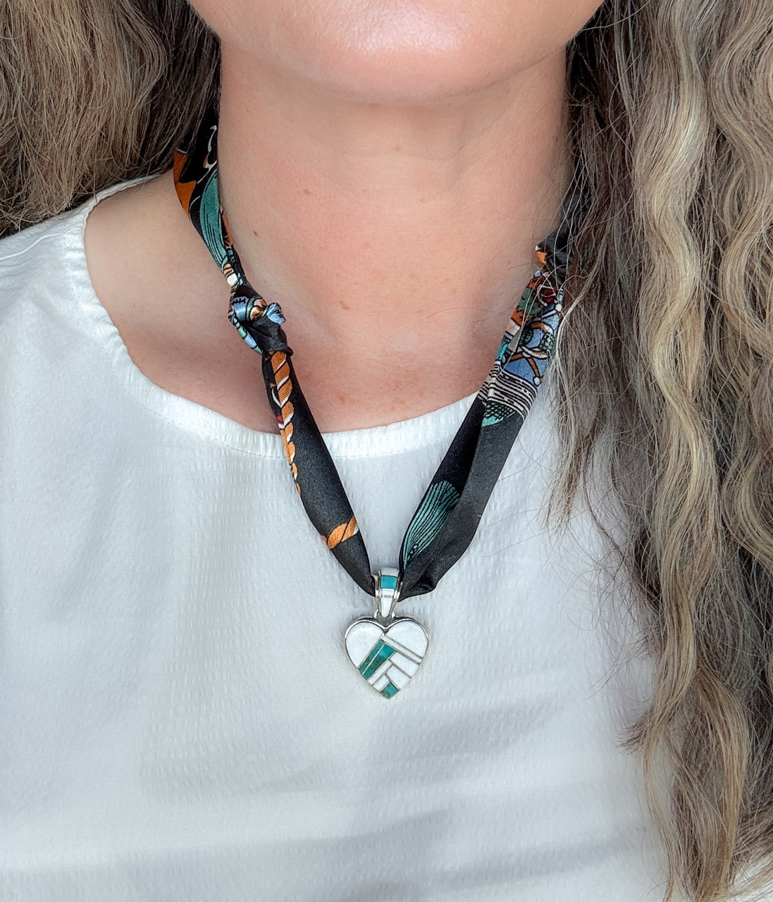 Clayton Tom Turquoise Pendant on Silk Scarf Necklace