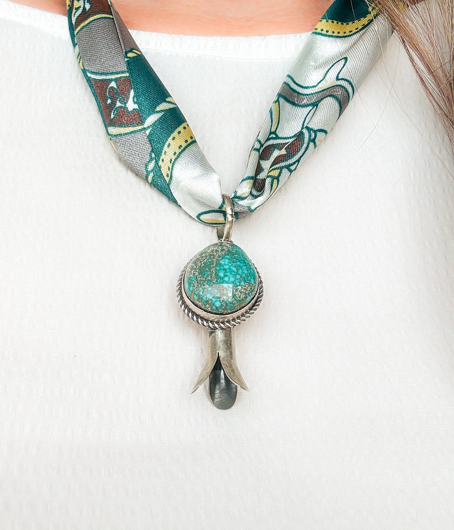 Dalianne Nez Turquoise Pendant on Silk Scarf Necklace