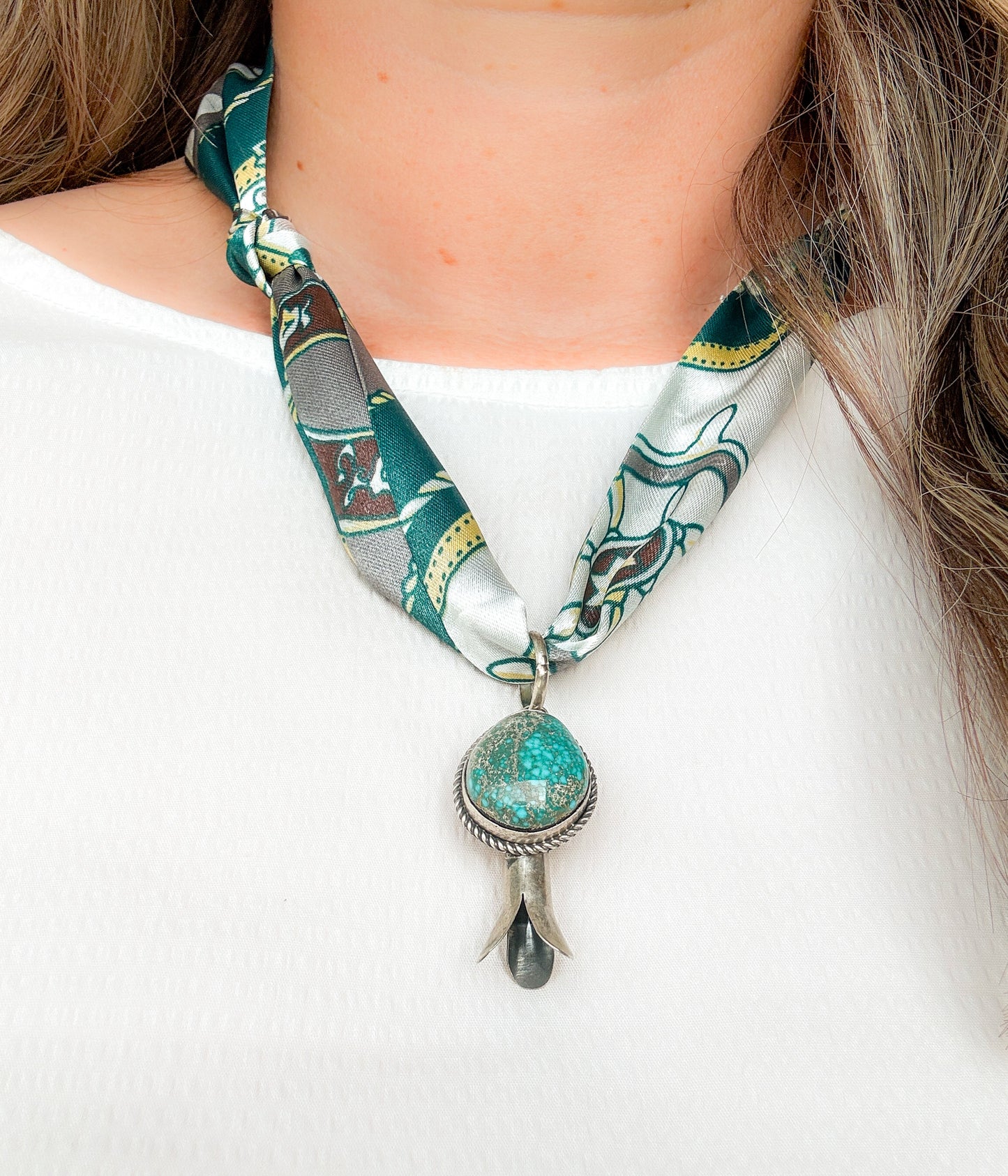 Dalianne Nez Turquoise Pendant on Silk Scarf Necklace