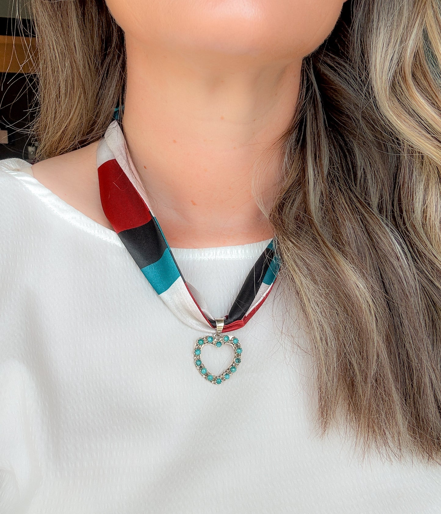 Heart Turquoise Pendant on Silk Scarf Necklace